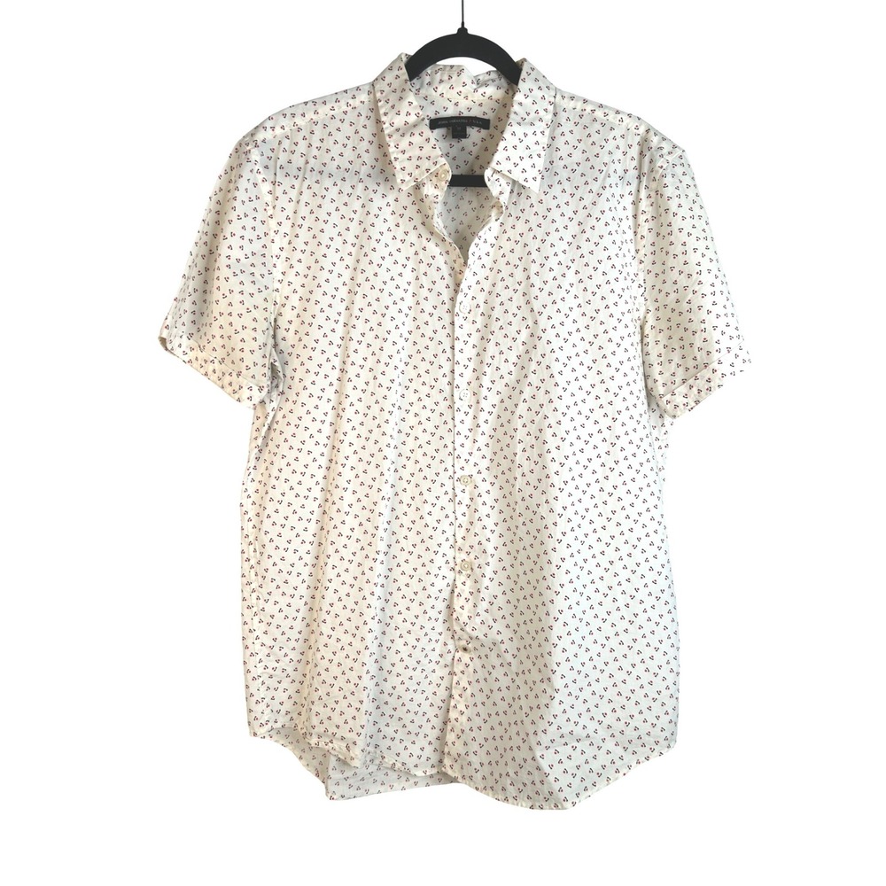 John Varvatos Men'w White Geometric Print Short Sleeve Button Down Shirt Size M